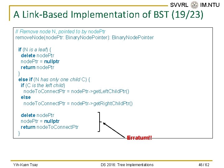 SVVRL @ IM. NTU A Link-Based Implementation of BST (19/23) // Remove node N,