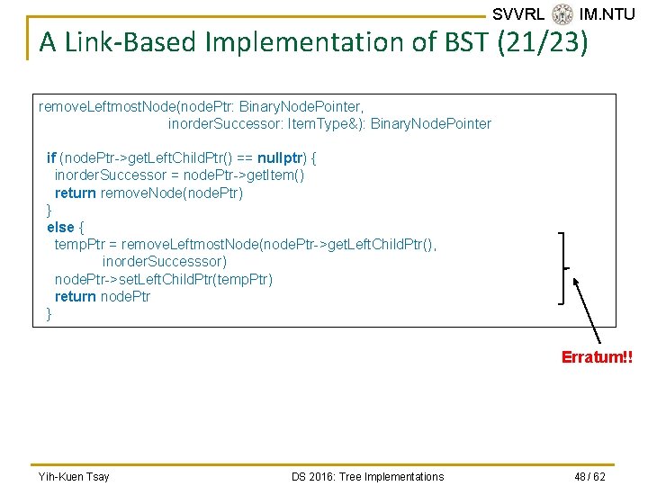 SVVRL @ IM. NTU A Link-Based Implementation of BST (21/23) remove. Leftmost. Node(node. Ptr: