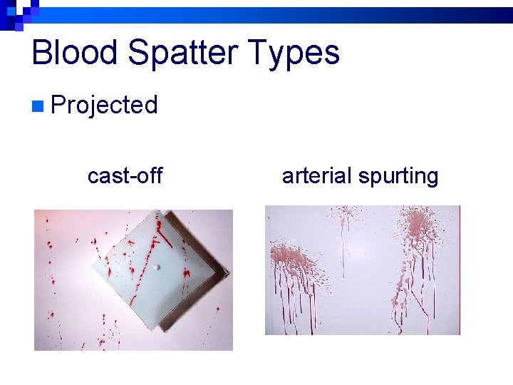 Blood Spatter Types n Projected cast-off arterial spurting 