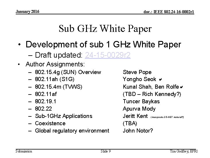 January 2016 doc. : IEEE 802. 24 -16 -0002 r 1 Sub GHz White