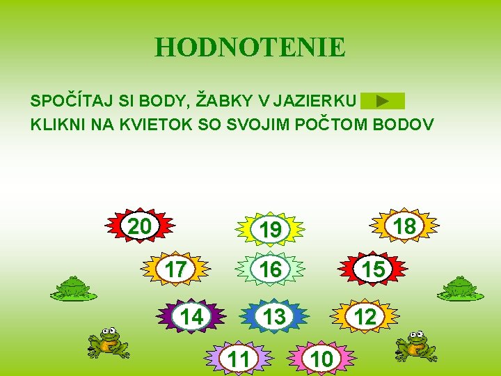 HODNOTENIE SPOČÍTAJ SI BODY, ŽABKY V JAZIERKU KLIKNI NA KVIETOK SO SVOJIM POČTOM BODOV
