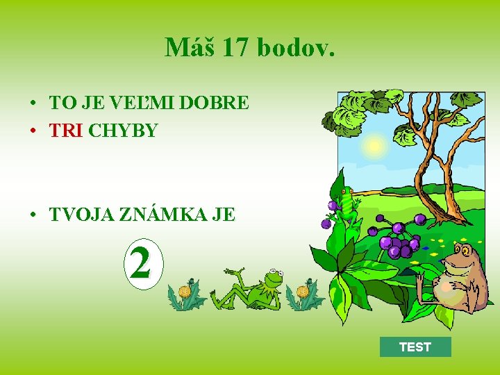 Máš 17 bodov. • TO JE VEĽMI DOBRE • TRI CHYBY • TVOJA ZNÁMKA