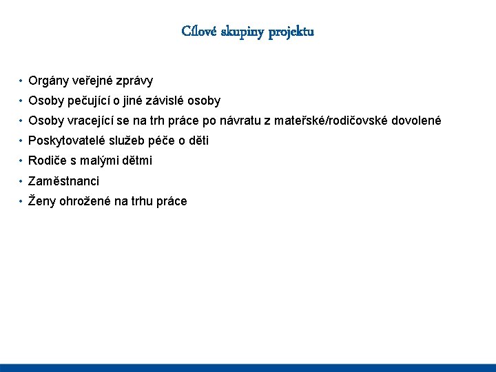 Cílové skupiny projektu • Orgány veřejné zprávy • Osoby pečující o jiné závislé osoby