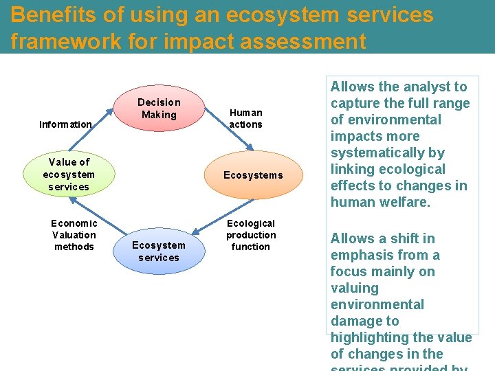 Benefits of using an ecosystem services framework for impact assessment Information Decision Making Value Benefits of using an ecosystem services framework for impact assessment Information Decision Making Value