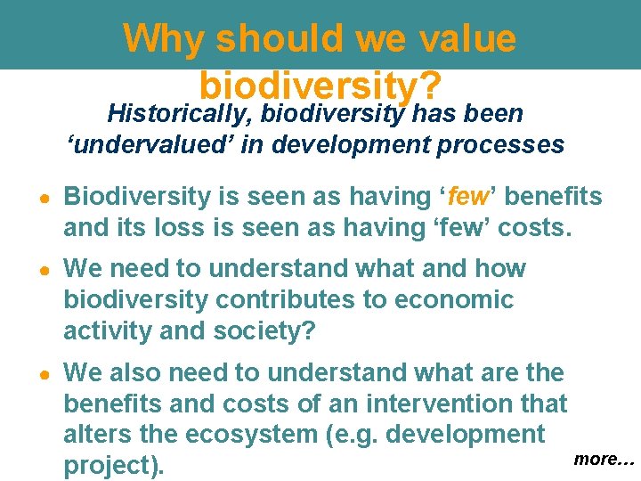 Why should we value biodiversity? Historically, biodiversity has been ‘undervalued’ in development processes ● Why should we value biodiversity? Historically, biodiversity has been ‘undervalued’ in development processes ●