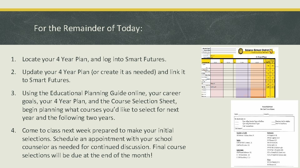 For the Remainder of Today: 1. Locate your 4 Year Plan, and log into