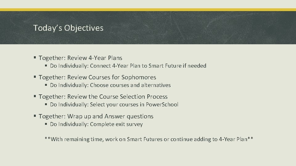 Today’s Objectives § Together: Review 4 -Year Plans § Do Individually: Connect 4 -Year