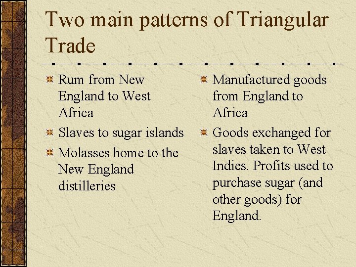 Two main patterns of Triangular Trade Rum from New England to West Africa Slaves
