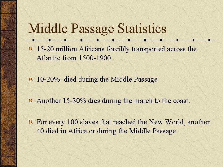 Middle Passage Statistics 15 -20 million Africans forcibly transported across the Atlantic from 1500