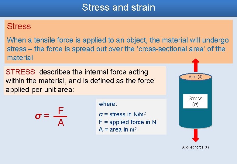 Stress and strain Stress When a tensile force is applied to an object, the