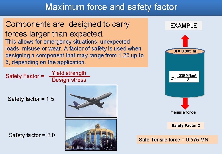 Maximum force and safety factor Components are designed to carry forces larger than expected.