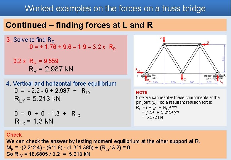 Worked examples on the forces on a truss bridge Continued – finding forces at