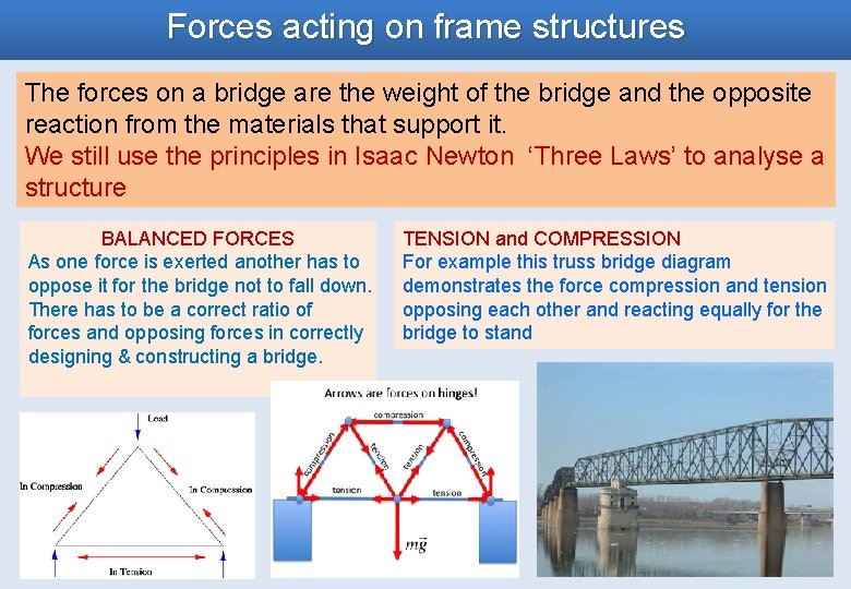 Forces acting on frame structures The forces on a bridge are the weight of