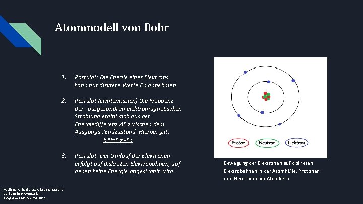 Atommodell von Bohr 1. Postulat: Die Enegie eines Elektrons kann nur diskrete Werte En