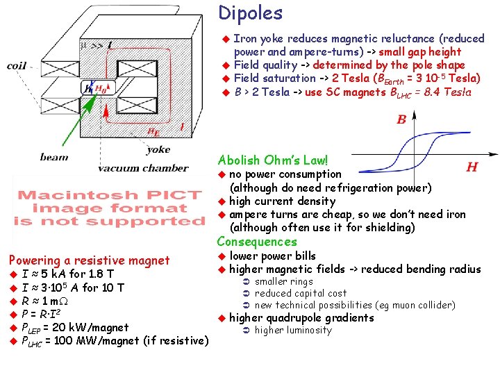 Dipoles Iron yoke reduces magnetic reluctance (reduced power and ampere-turns) -> small gap height