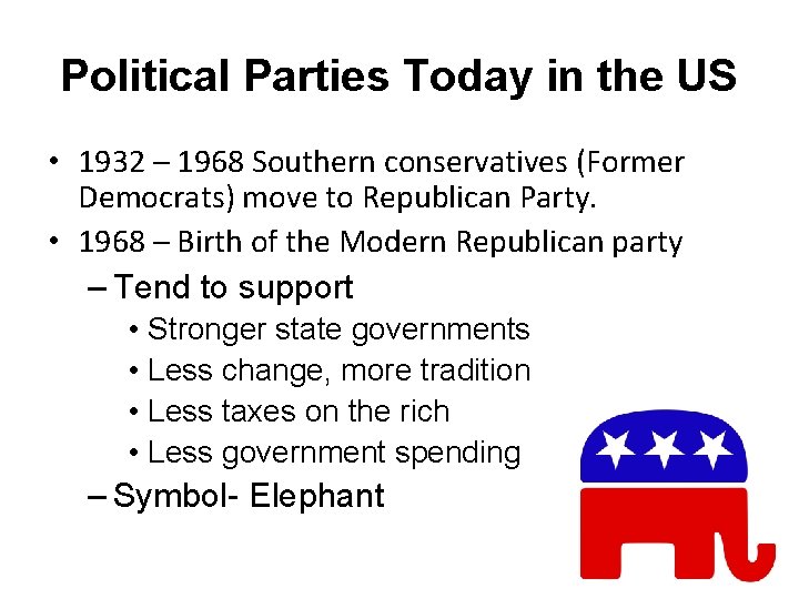 Political Parties Today in the US • 1932 – 1968 Southern conservatives (Former Democrats)