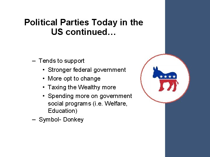 Political Parties Today in the US continued… – Tends to support • Stronger federal