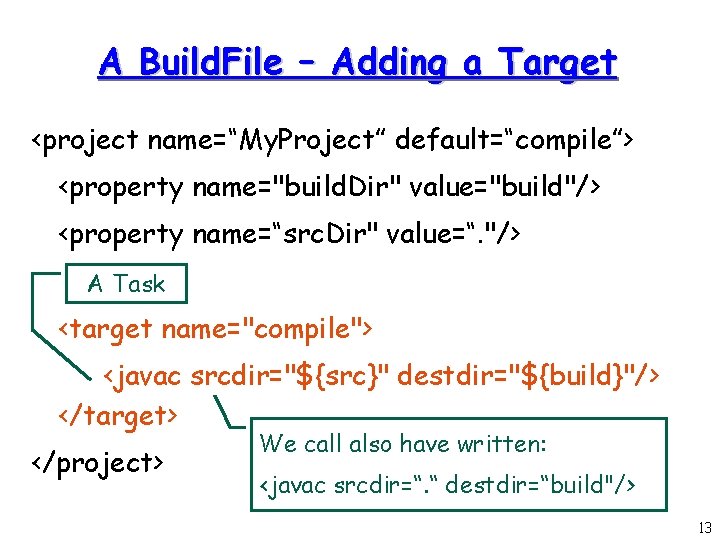 A Build. File – Adding a Target <project name=“My. Project” default=“compile”> <property name="build. Dir"