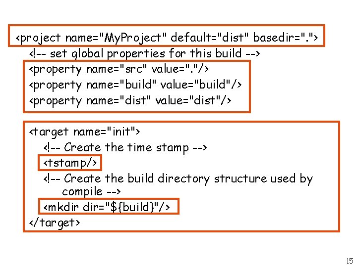 <project name="My. Project" default="dist" basedir=". "> <!-- set global properties for this build -->