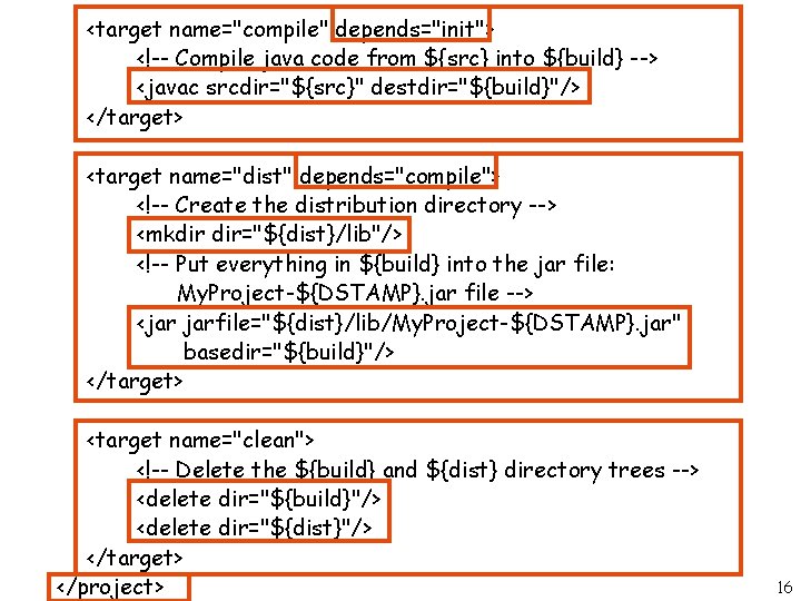 <target name="compile" depends="init"> <!-- Compile java code from ${src} into ${build} --> <javac srcdir="${src}"