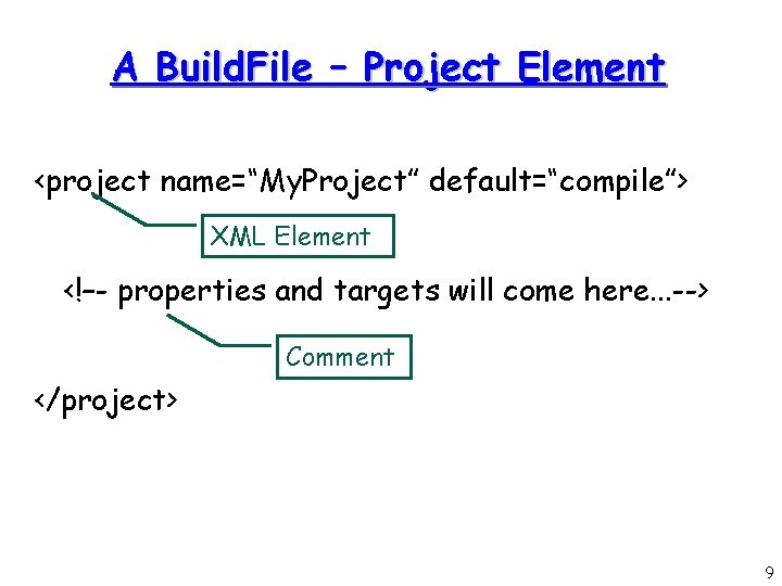 A Build. File – Project Element <project name=“My. Project” default=“compile”> XML Element <!–- properties