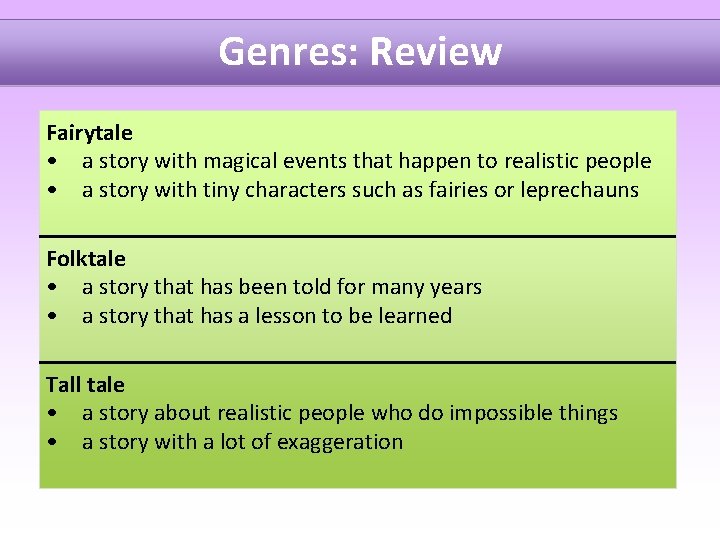 Genres: Review Fairytale • a story with magical events that happen to realistic people