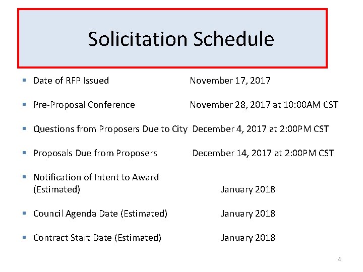 Solicitation Schedule § Date of RFP Issued November 17, 2017 § Pre-Proposal Conference November