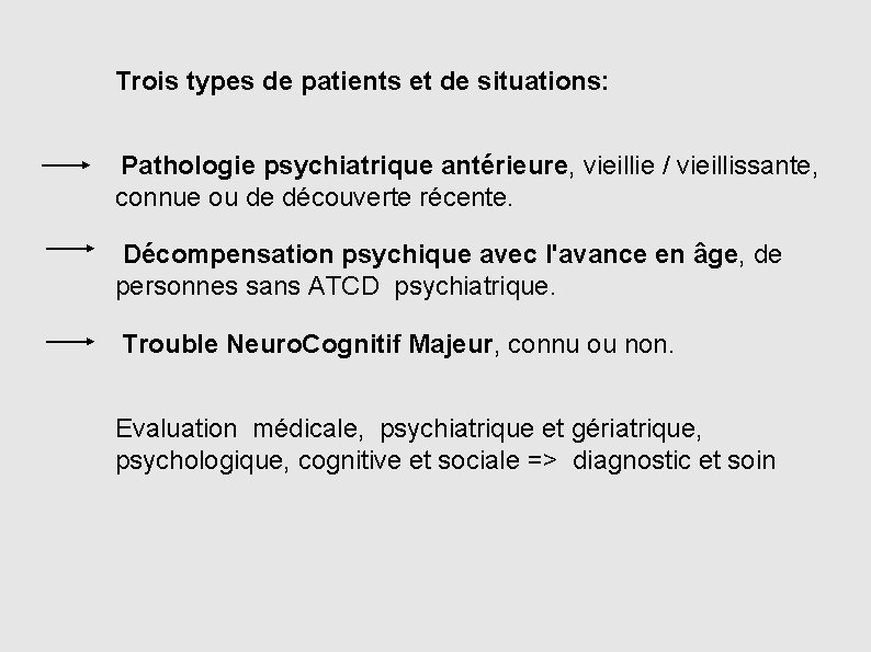 Trois types de patients et de situations: Pathologie psychiatrique antérieure, vieillie / vieillissante, connue