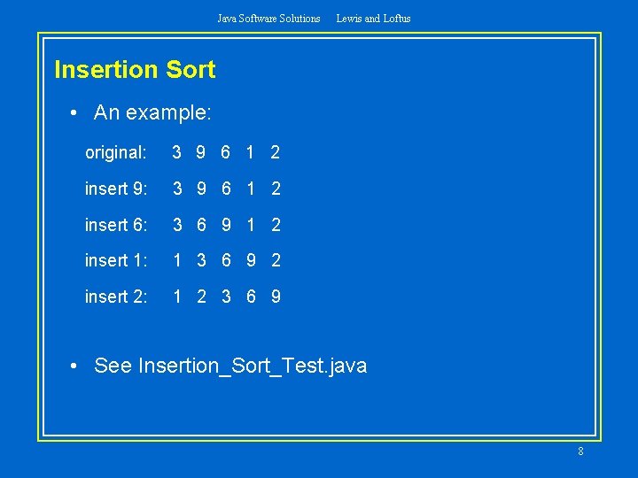 Java Software Solutions Lewis and Loftus Insertion Sort • An example: original: 3 9