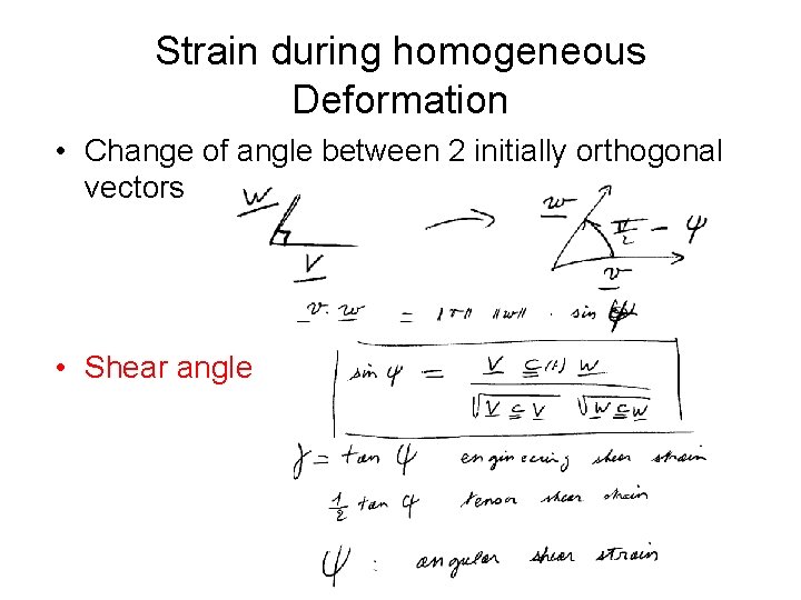 Strain during homogeneous Deformation • Change of angle between 2 initially orthogonal vectors •