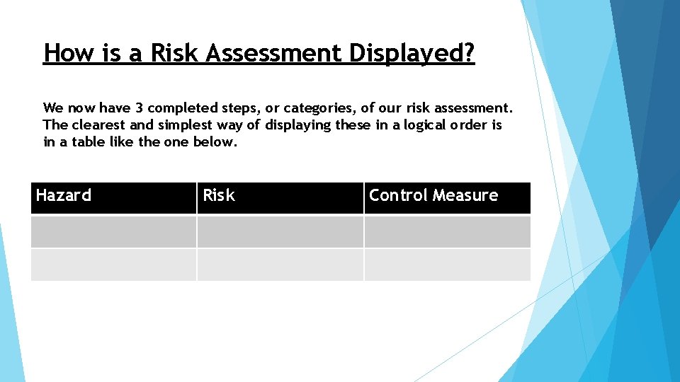 How is a Risk Assessment Displayed? We now have 3 completed steps, or categories,