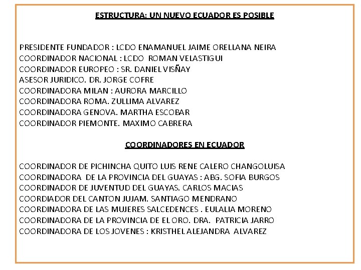 ESTRUCTURA: UN NUEVO ECUADOR ES POSIBLE PRESIDENTE FUNDADOR : LCDO ENAMANUEL JAIME ORELLANA NEIRA
