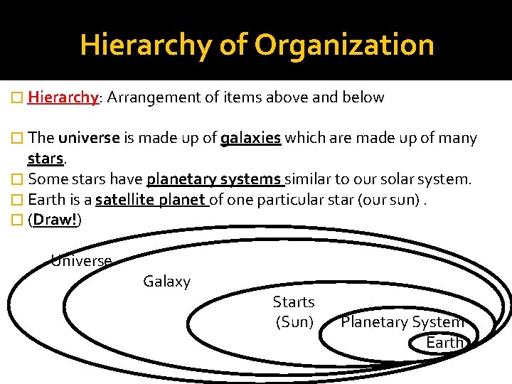 Hierarchy of Organization � Hierarchy: Arrangement of items above and below � The universe Hierarchy of Organization � Hierarchy: Arrangement of items above and below � The universe