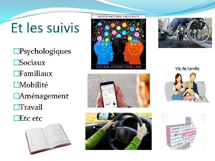 Et les suivis �Psychologiques �Sociaux �Familiaux �Mobilité �Aménagement �Travail �Etc etc 