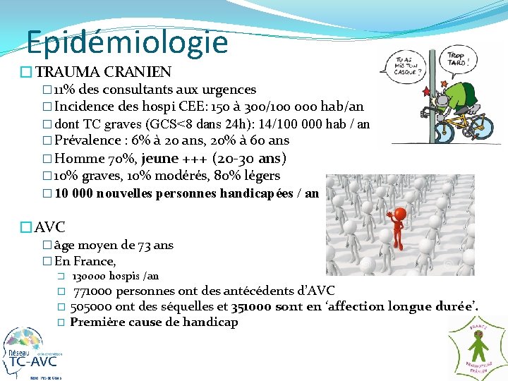 Epidémiologie �TRAUMA CRANIEN � 11% des consultants aux urgences � Incidence des hospi CEE: