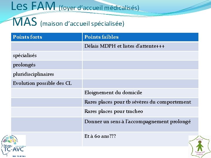 Les FAM (foyer d’accueil médicalisés) MAS (maison d’accueil spécialisée) Points forts Points faibles Délais