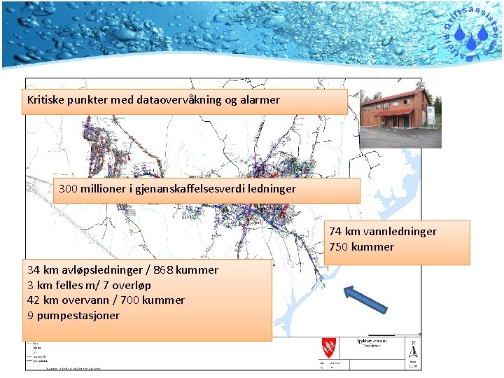 Kritiske punkter med dataovervåkning og alarmer 300 millioner i gjenanskaffelsesverdi ledninger 74 km vannledninger