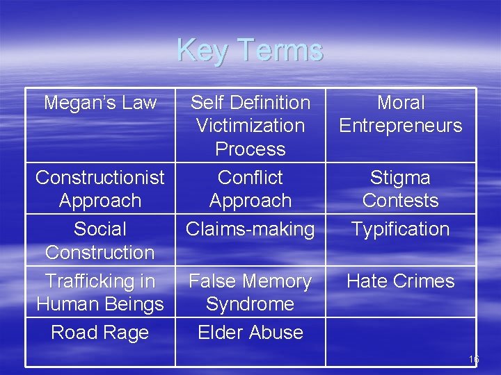 Key Terms Megan’s Law Constructionist Approach Social Construction Trafficking in Human Beings Road Rage