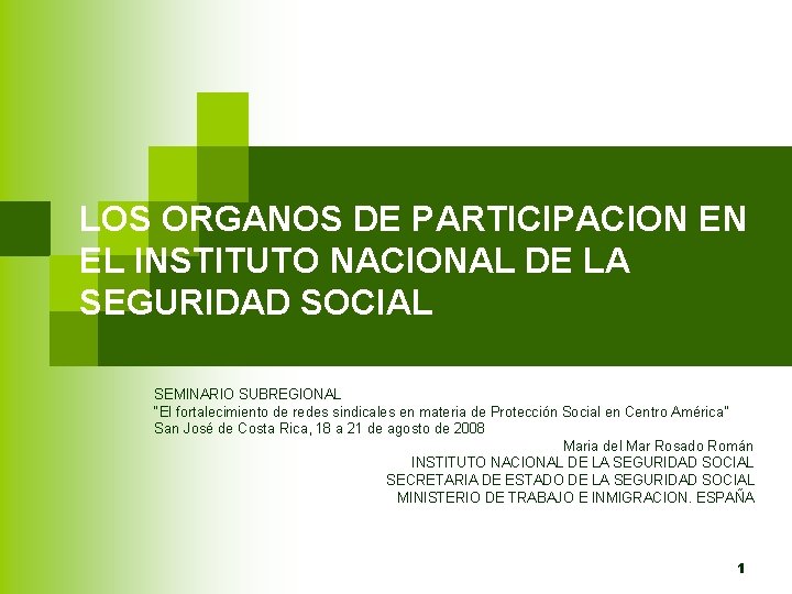 LOS ORGANOS DE PARTICIPACION EN EL INSTITUTO NACIONAL DE LA SEGURIDAD SOCIAL SEMINARIO SUBREGIONAL