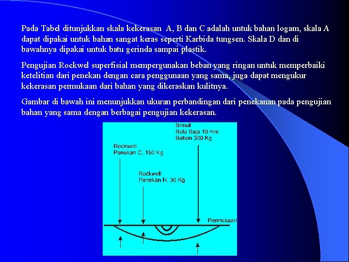 Pada Tabel ditunjukkan skala kekerasan A, B dan C adalah untuk bahan logam, skala