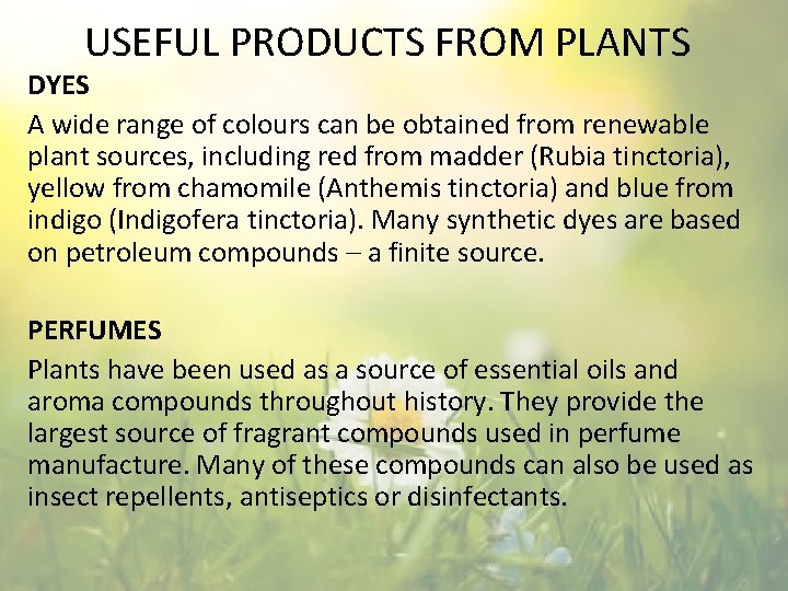 USEFUL PRODUCTS FROM PLANTS DYES A wide range of colours can be obtained from