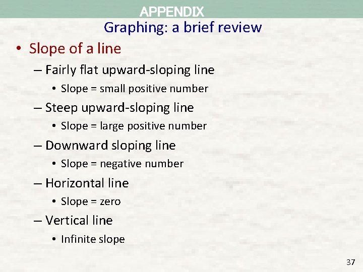 APPENDIX Graphing: a brief review • Slope of a line – Fairly flat upward-sloping