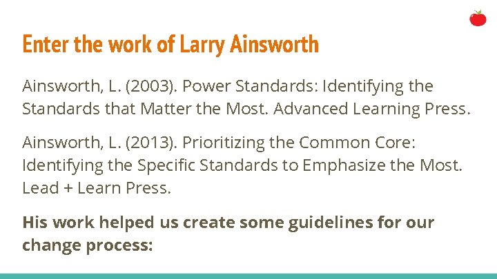 Enter the work of Larry Ainsworth, L. (2003). Power Standards: Identifying the Standards that