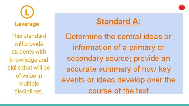 L Leverage This standard will provide students with knowledge and skills that will be