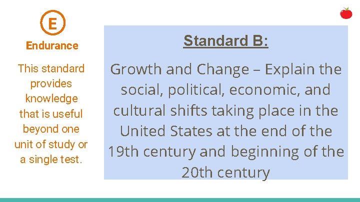 E Endurance This standard provides knowledge that is useful beyond one unit of study
