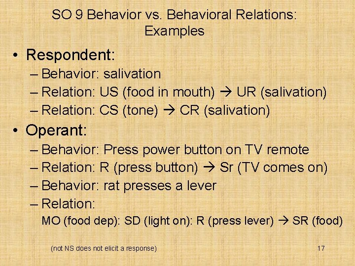 SO 9 Behavior vs. Behavioral Relations: Examples • Respondent: – Behavior: salivation – Relation:
