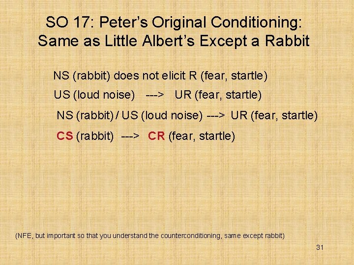 SO 17: Peter’s Original Conditioning: Same as Little Albert’s Except a Rabbit NS (rabbit)