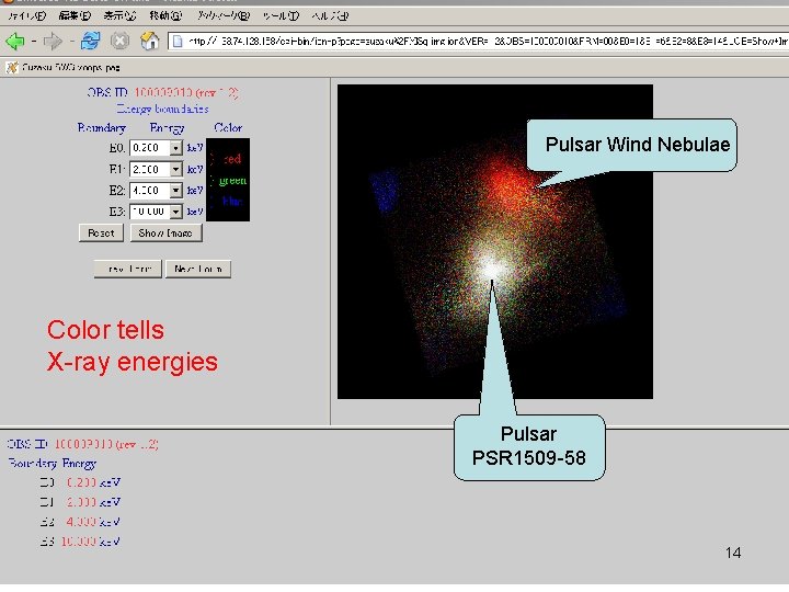 Pulsar Wind Nebulae Color tells X-ray energies Pulsar PSR 1509 -58 14 