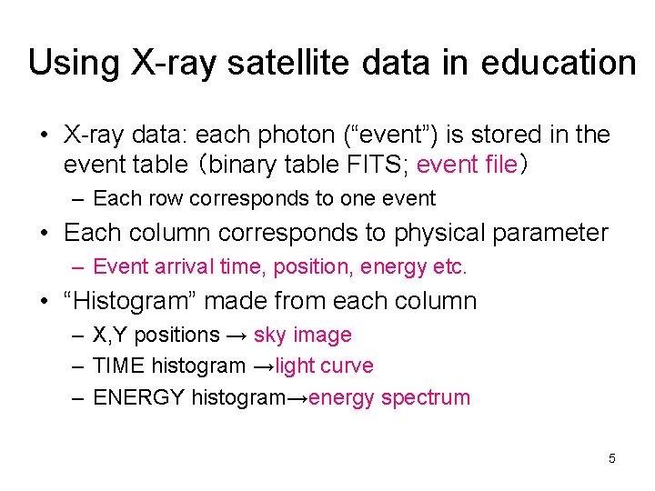 Using X-ray satellite data in education • X-ray data: each photon (“event”) is stored