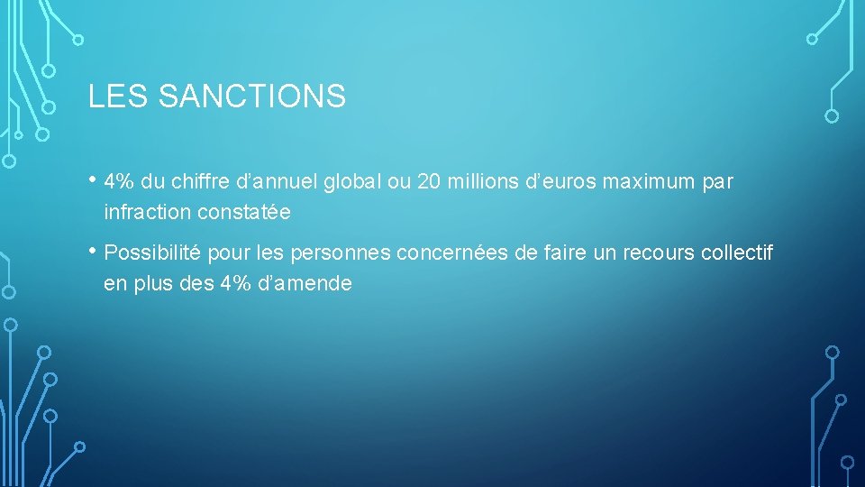 LES SANCTIONS • 4% du chiffre d’annuel global ou 20 millions d’euros maximum par